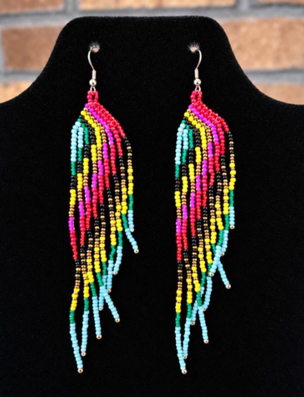 Bead Seed Fringe Earrings Multi Colored Cascading Beads